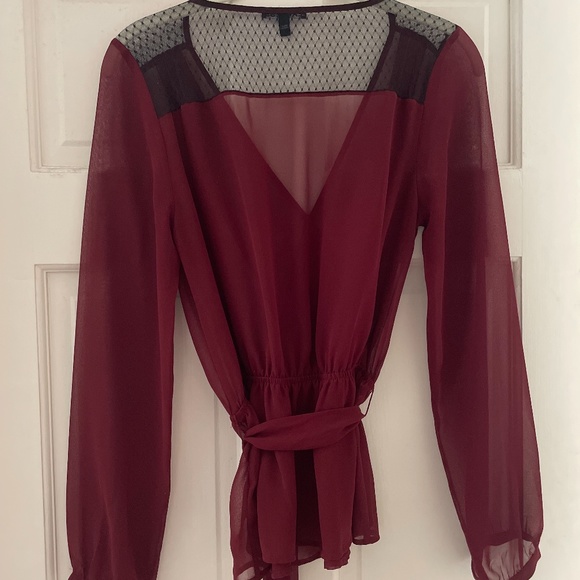 Express Burgundy Faux-Wrap Sheer Blouse - Picture 1 of 3